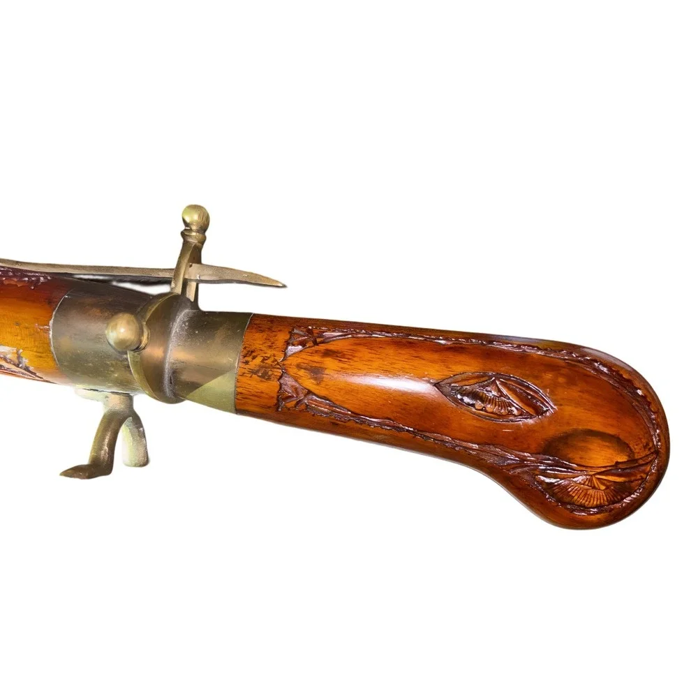 Vtg Hand Carved Wood Brass India Carving Knife Fork Set Sheath Stand Collectible